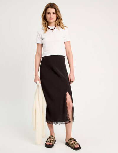 Jupe midi droite fendue noir femme