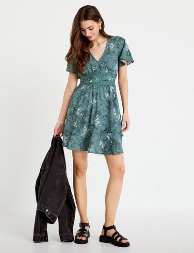 Robe courte &eacute;vas&eacute;e col v manches courtes bleu femme