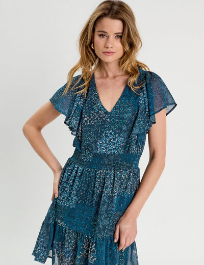Robe évasée taille smockée bleu foncé femme