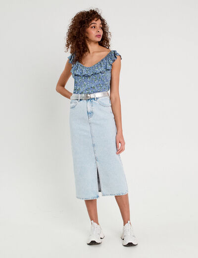 Blouse col volants bleu foncé femme