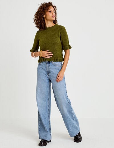 Pull col rond manches courtes vert fonc&eacute; femme