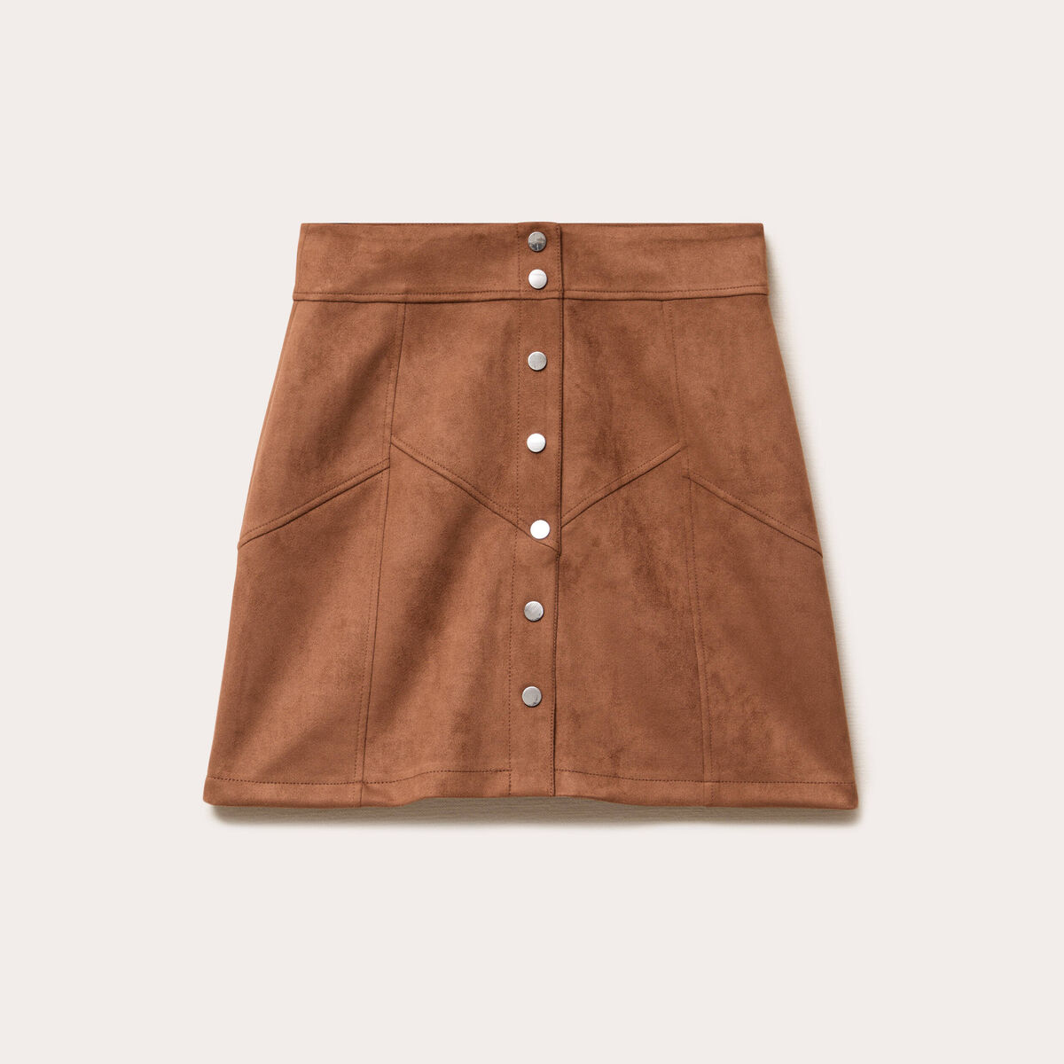 Jupe trap&egrave;ze courte aspect daim marron femme