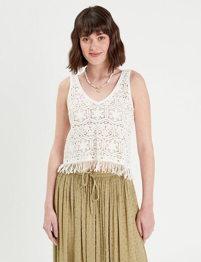 Débardeur macramé franges ecru femme