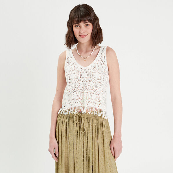 debardeur macrame franges ecru femme Débardeur macramé franges ecru femme