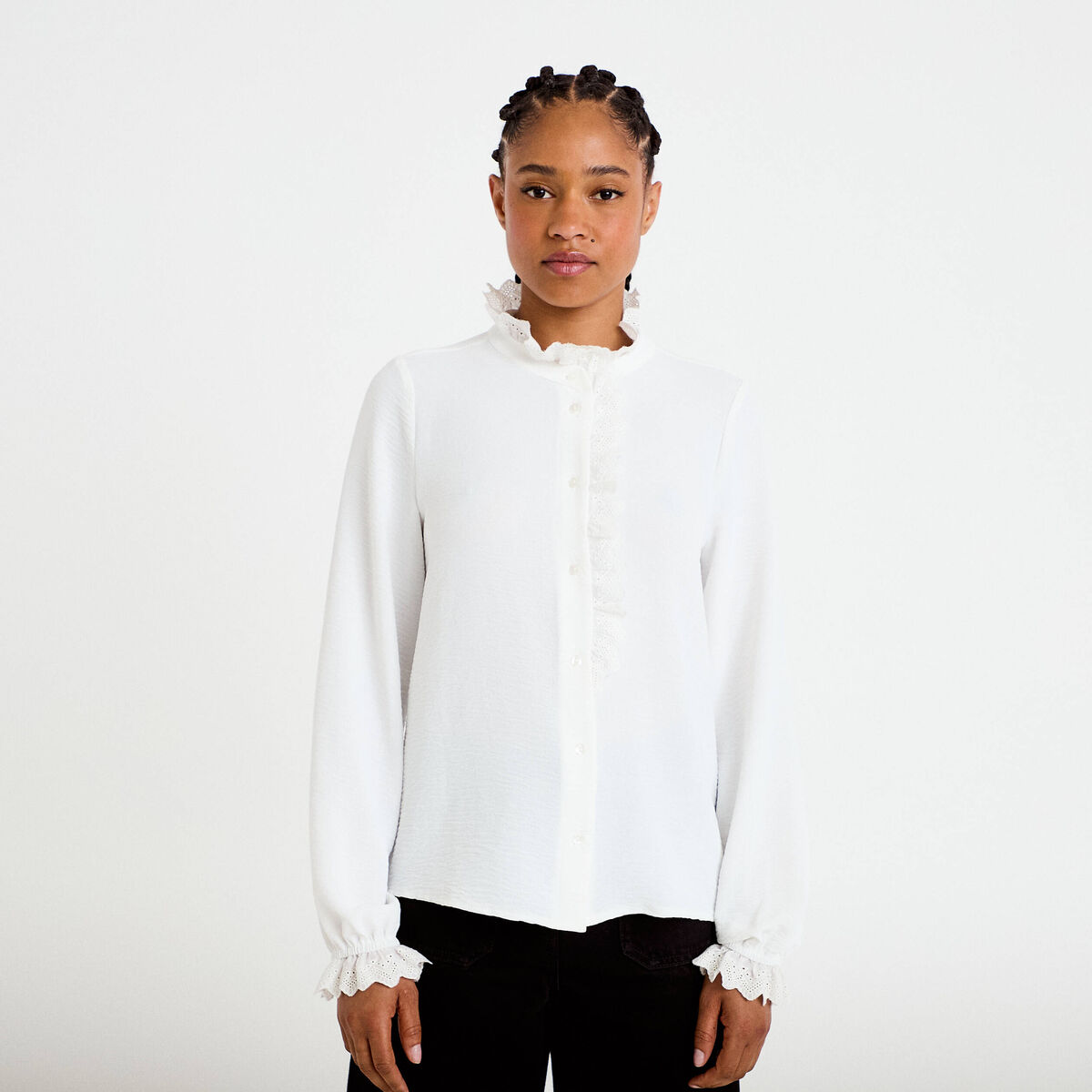 Chemise col montant manches longues ecru femme