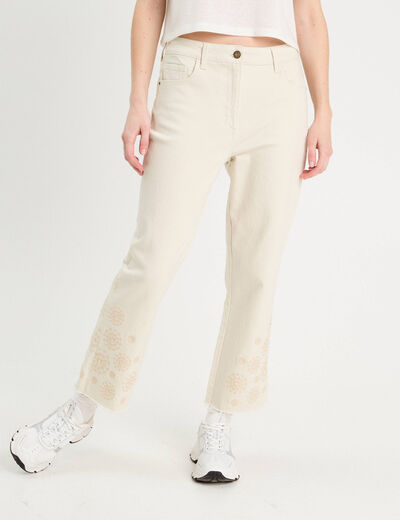 Pantalon large brodé 7/8ème ecru femme