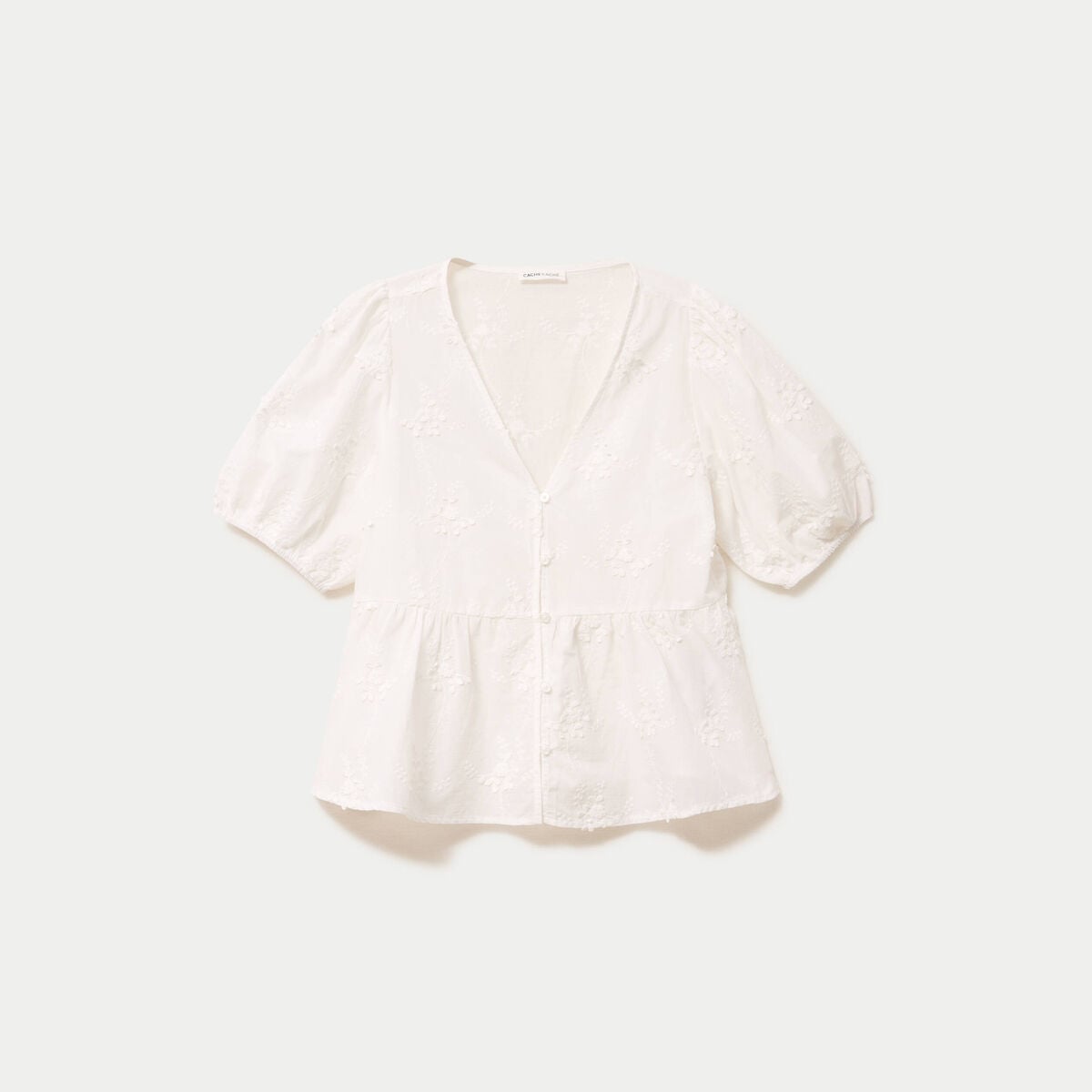 Blouse col v manches courtes brod&eacute;e ecru femme