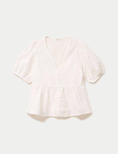 Blouse col v manches courtes brod&eacute;e ecru femme