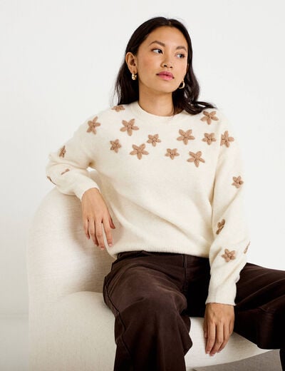 Pull oversize brod&eacute; manches longues ecru femme