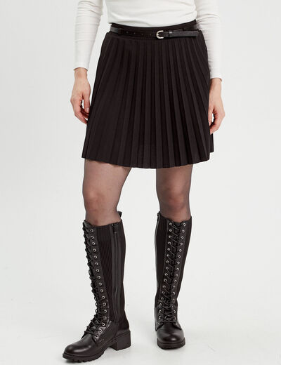 Jupe évasée plissée ceinturée noir femme