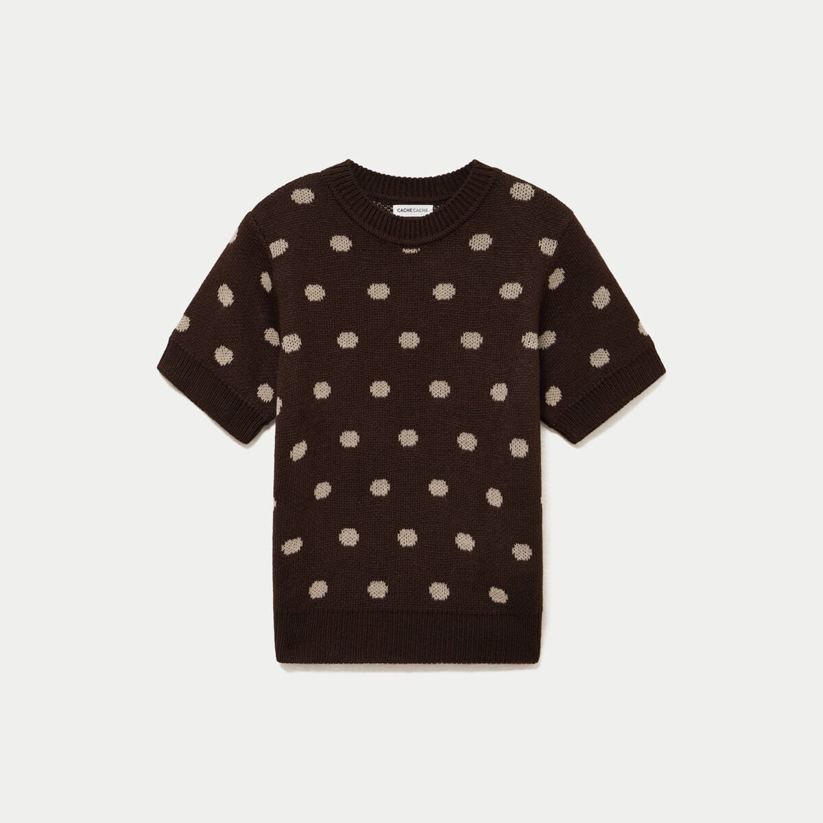 Pull cintr&eacute; col rond manches courtes marron fonc&eacute; femme