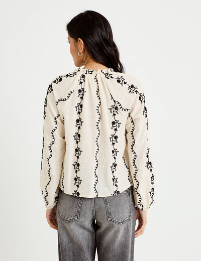 Blouse droite col am&eacute;ricain broderie blanc femme