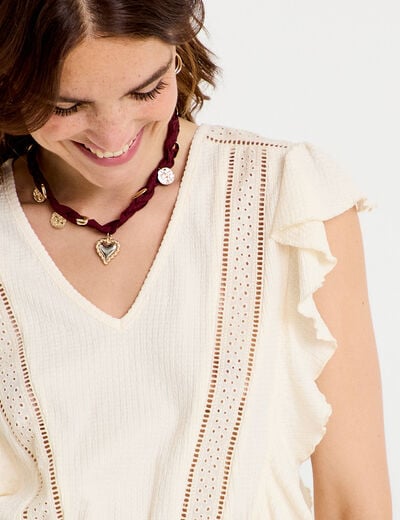 Blouse col rond manches courtes dentelle ecru femme