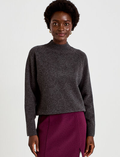 Pull col montant manches longues gris fonc&eacute; femme
