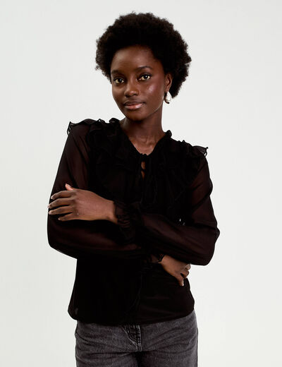 Blouse col v manches longues noir femme