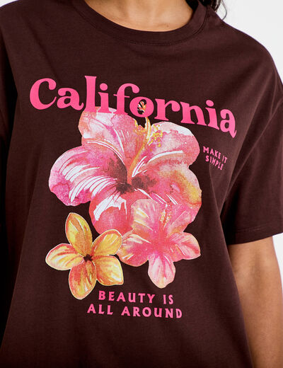 T-shirt col rond manches courtes marron femme