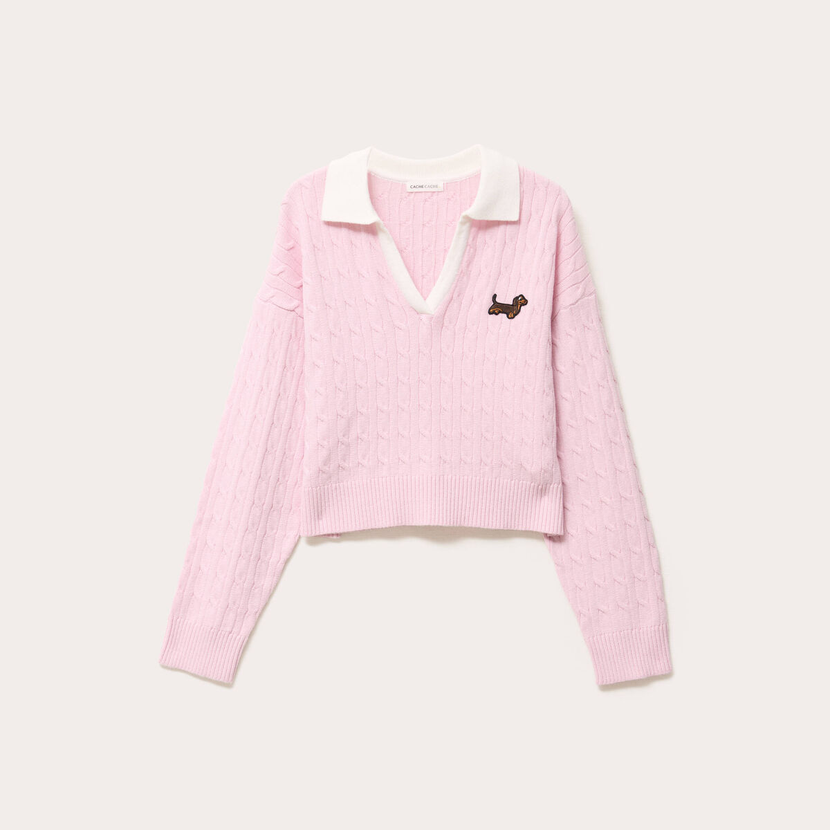 Pull manches longues col polo rose clair femme