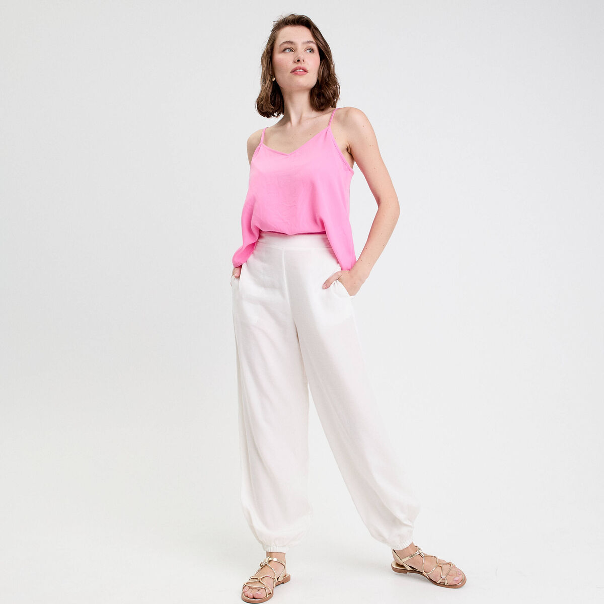 Pantalon large taille standard ecru femme