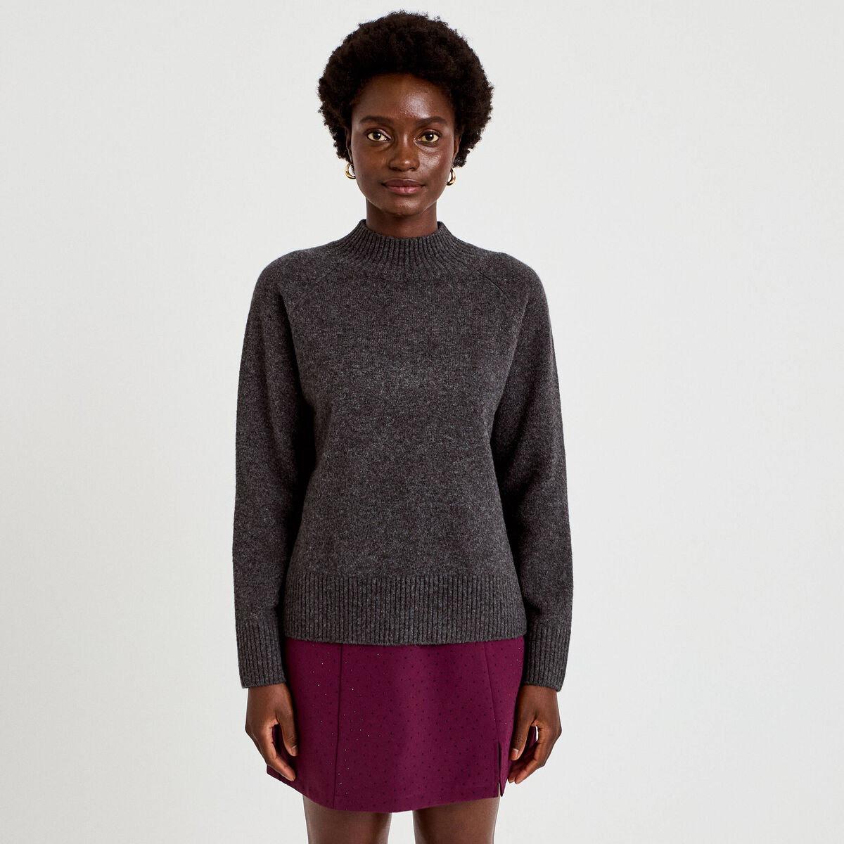 Pull col montant manches longues gris fonc&eacute; femme
