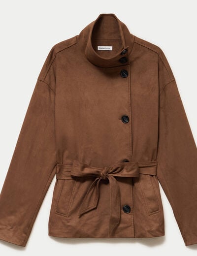 Caban droit col montant aspect daim marron femme