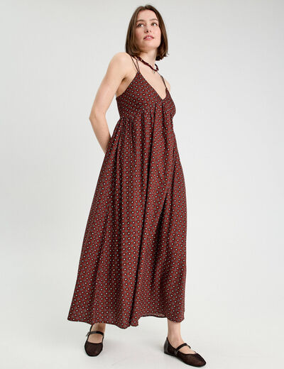 Robe longue évasée bretelles marron cognac femme