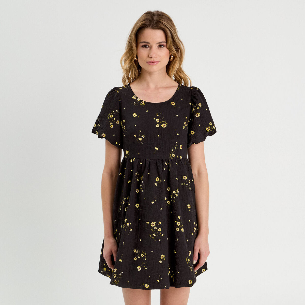 Robe évasée effet boule jaune femme
