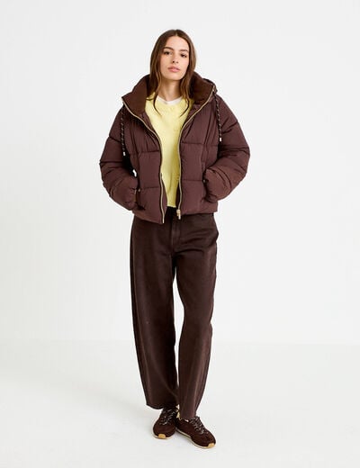 Doudoune droite cropped &agrave; capuche marron fonc&eacute; femme