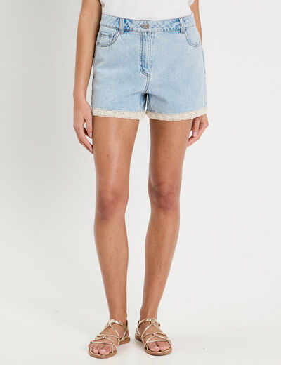 Short en jean détails dentelle denim bleach femme