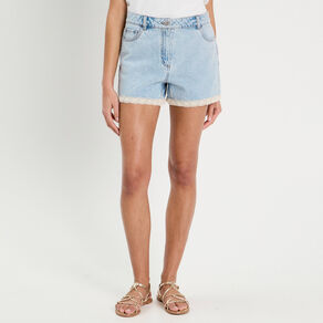short en jean details dentelle denim bleach femme Short en jean détails dentelle denim bleach femme