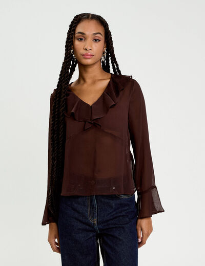 Blouse col V marron fonc&eacute; femme