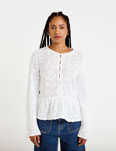 Pull ajour&eacute; p&eacute;plum manches longues ecru femme