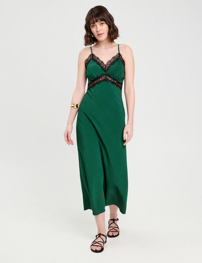 Robe longue ajustée dentelle vert foncé femme