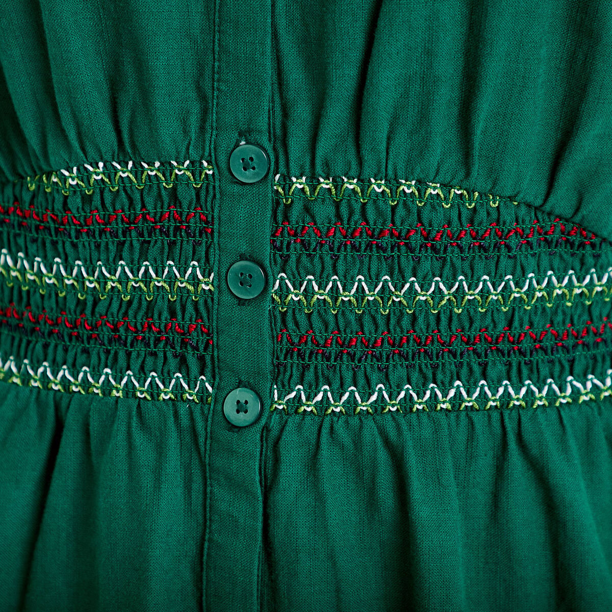 Robe &eacute;vas&eacute;e broderie col chemise vert fonc&eacute; femme