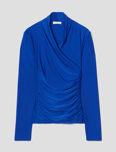 Blouse satin drapé bleu electrique femme