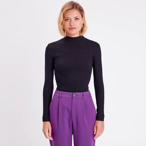T-shirt côtelé col montant noir femme