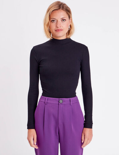 T-shirt côtelé col montant noir femme