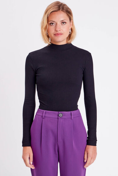 T-shirt côtelé col montant noir femme