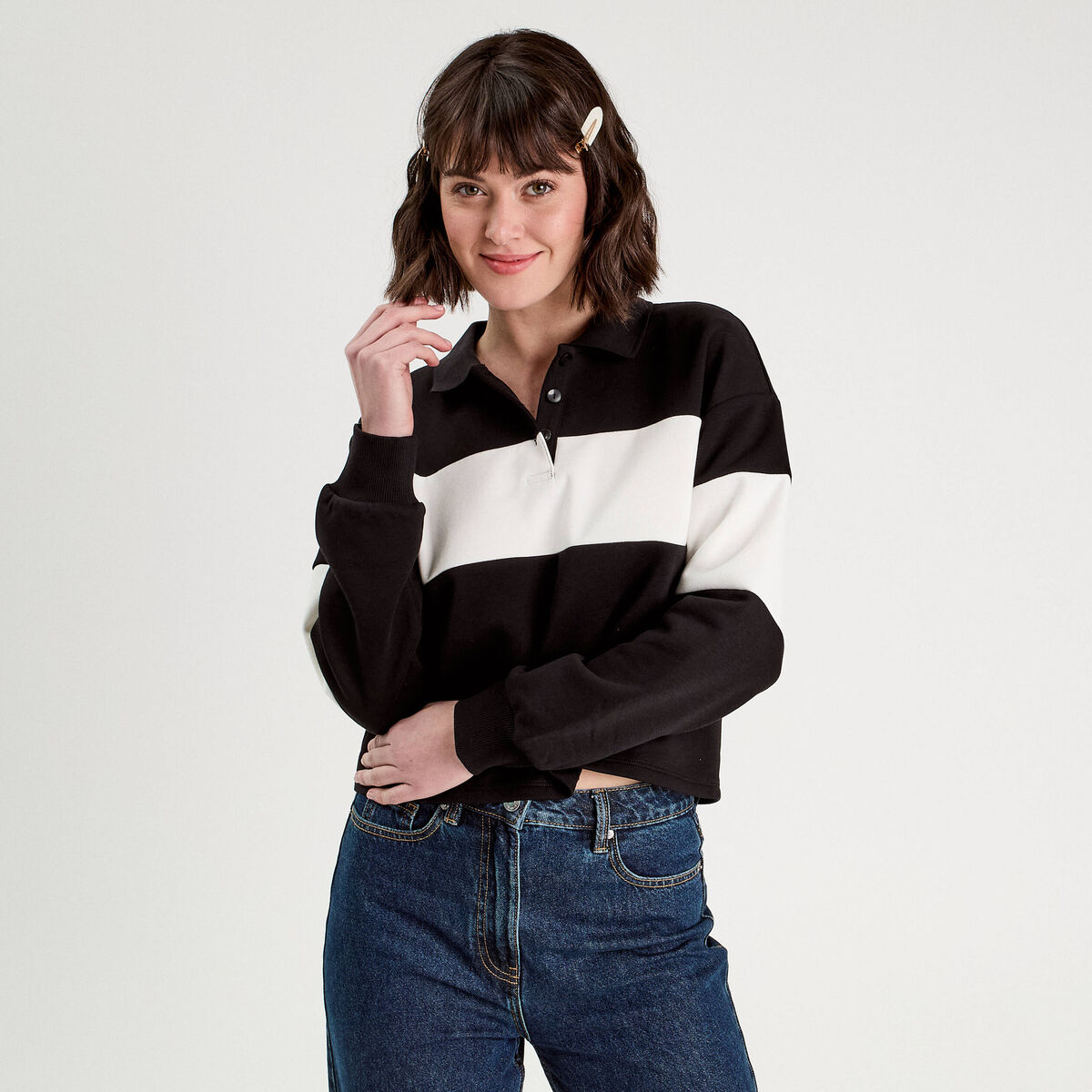 Polo manches longues noir femme