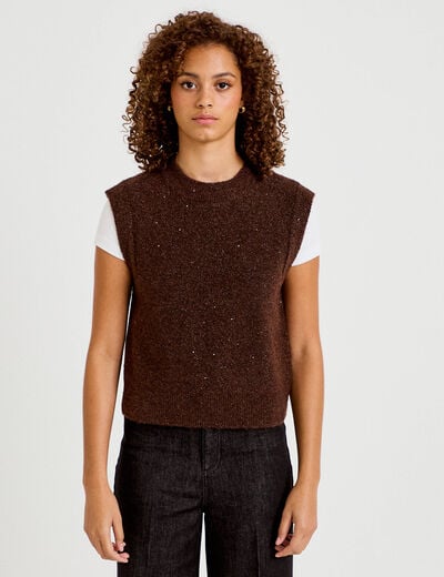 D&eacute;bardeur col rond avec sequin bordeaux femme