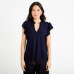 Blouse ajour&eacute;e col v manches courtes bleu marine femme