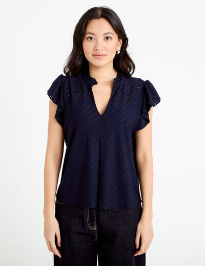 Blouse ajour&eacute;e col v manches courtes bleu marine femme