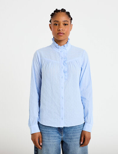 Chemise col montant manches longues bleu clair femme