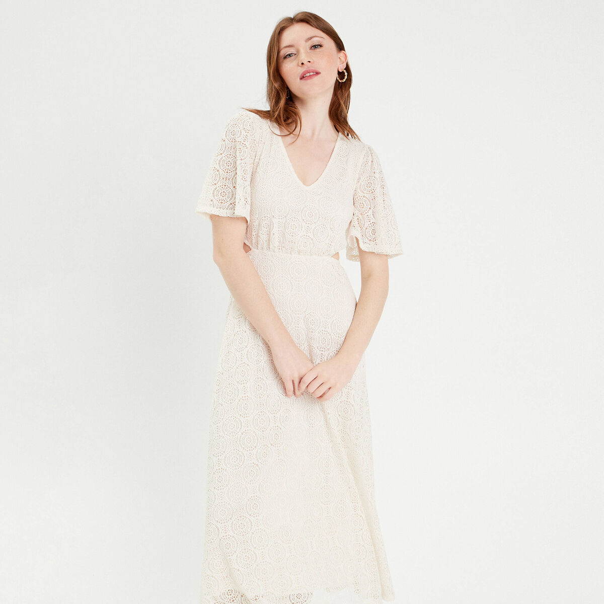 Robe longue évasée dentelle ecru femme