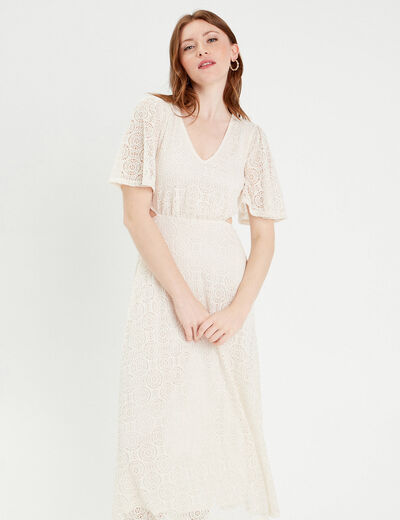 Robe longue évasée dentelle ecru femme