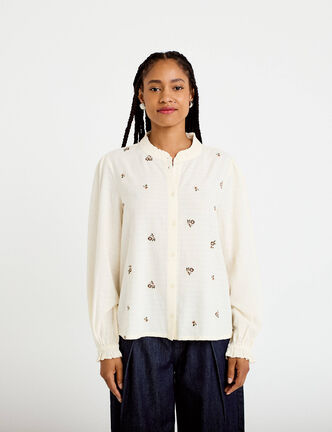 Blouse droite courte col v broderie ivoire femme