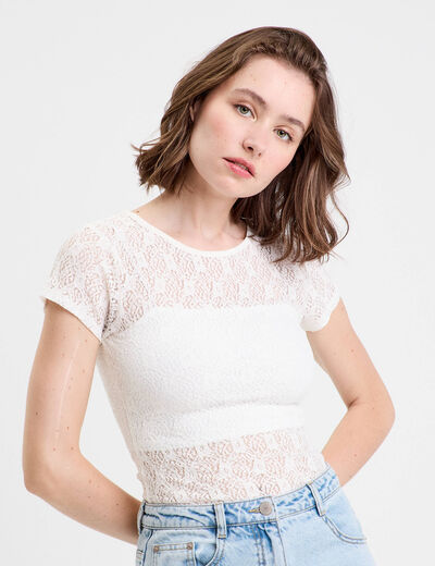 Body ajusté manches courtes dentelle ecru femme