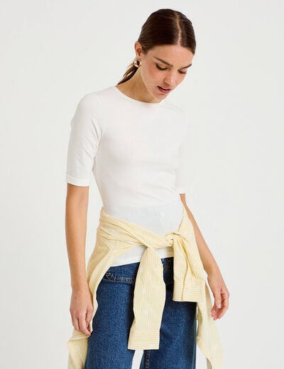 T-shirt ajust&eacute; col rond manches courtes ecru femme