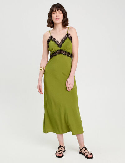Robe longue ajustée dentelle vert foncé femme