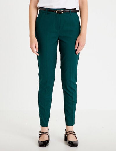 Pantalon cigarette ceintur&eacute; vert fonc&eacute; femme
