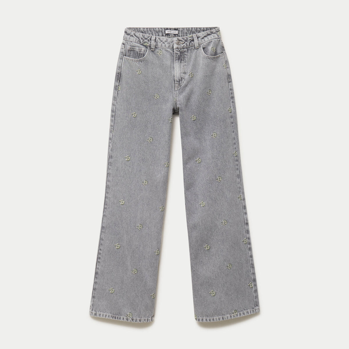 Jean wide leg taille haute brod&eacute; denim gris femme